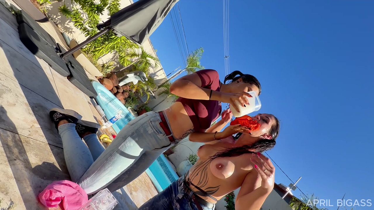 Lesbians Tease In Wet Jeans & Cream By Pool